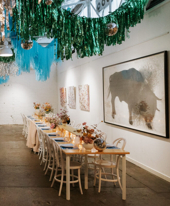 Private dinner setup in The Gallery at The Button Factory by Nudo in Melbourne. A stylish and intimate wedding or event venue with industrial-chic design, perfect for small gatherings, private dining experiences, and micro weddings.