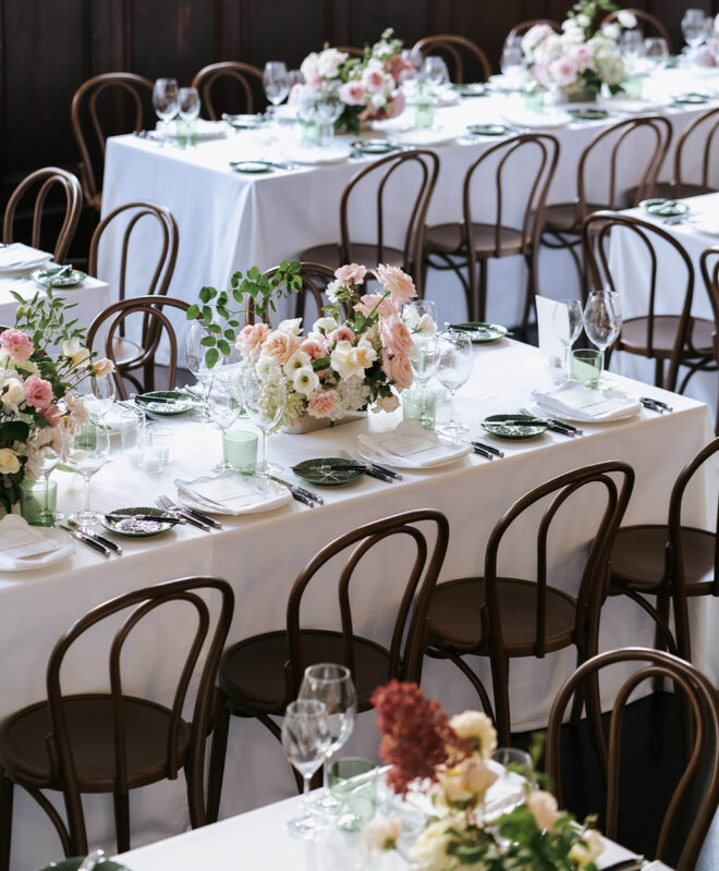 A breathtaking reception space at The Trust Melbourne, elegantly styled by The Goodsmiths and adorned with exquisite florals by Anatomy of Flowers, creating a timeless and sophisticated event setting.